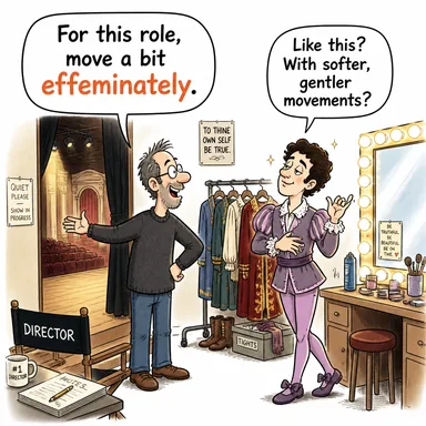 effeminately (kadınsı bir şekilde) karikatürü — diyalogla bağlam içinde öğren