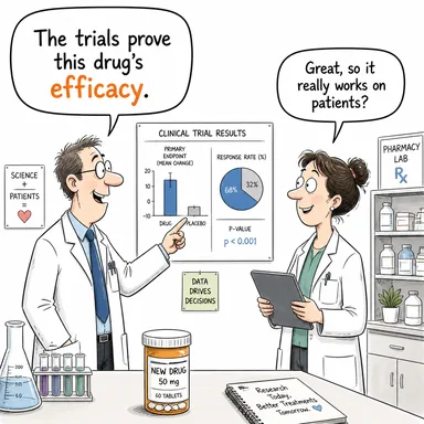 efficacy (yararlılık, etkililik, tesir (özellikle ilaç/tedavi)) karikatürü — diyalogla bağlam içinde öğren