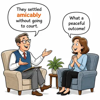 amicably (dostça, barışçıl bir şekilde, tatlılıkla, anlaşarak) karikatürü — diyalogla bağlam içinde öğren