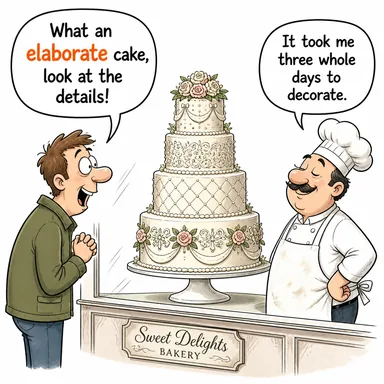 elaborate (karmaşık, ayrıntılı, incelikli) karikatürü — diyalogla bağlam içinde öğren