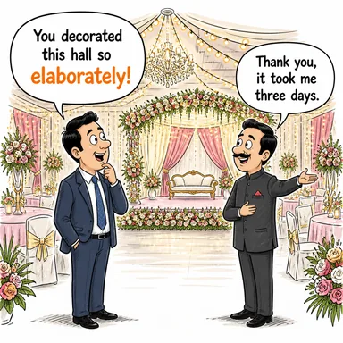 elaborately (özenle, ayrıntılı bir şekilde) karikatürü — diyalogla bağlam içinde öğren