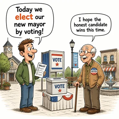 elect (seçmek (oy vererek)) karikatürü — diyalogla bağlam içinde öğren