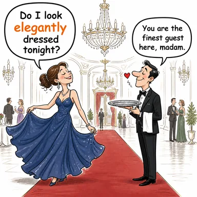 elegantly (zarif bir şekilde, şıkça) karikatürü — diyalogla bağlam içinde öğren