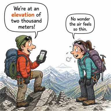 elevation (yükseklik, rakım; yükseltme) karikatürü — diyalogla bağlam içinde öğren