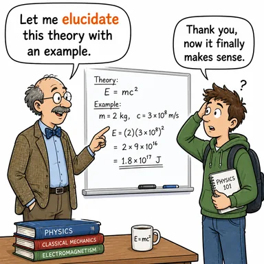 elucidate (izah etmek, açıklığa kavuşturmak, aydınlatmak) karikatürü — diyalogla bağlam içinde öğren