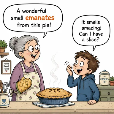 emanate (yayılmak, çıkmak, kaynaklanmak) karikatürü — diyalogla bağlam içinde öğren