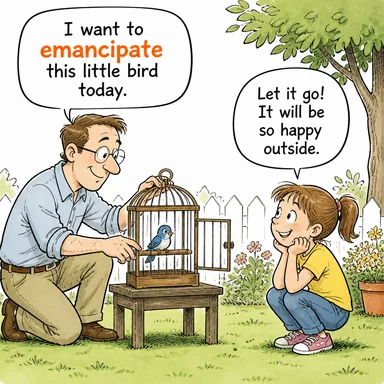 emancipate (özgürleştirmek, azat etmek, serbest bırakmak) karikatürü — diyalogla bağlam içinde öğren