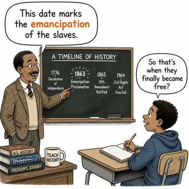 emancipation (özgürleşme, azat edilme) karikatürü — diyalogla bağlam içinde öğren