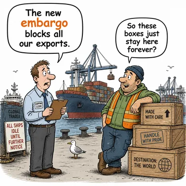 embargo (ambargo, yasaklama) karikatürü — diyalogla bağlam içinde öğren