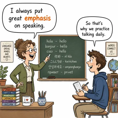 emphasis (vurgu, önem, üzerinde durma) karikatürü — diyalogla bağlam içinde öğren