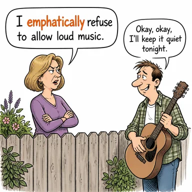 emphatically (kesin bir şekilde, vurgulayarak, ısrarla) karikatürü — diyalogla bağlam içinde öğren