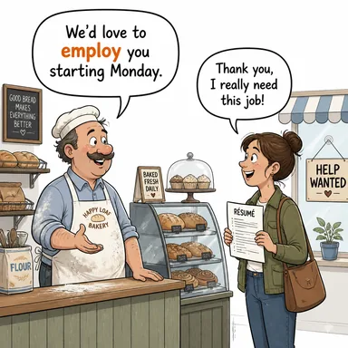 employ (işe almak, istihdam etmek; (yöntem vb.) kullanmak) karikatürü — diyalogla bağlam içinde öğren