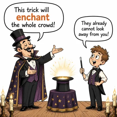 enchant (büyülemek, mest etmek) karikatürü — diyalogla bağlam içinde öğren