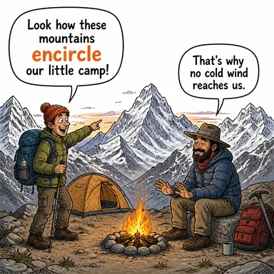 encircle (çevrelemek, kuşatmak) karikatürü — diyalogla bağlam içinde öğren