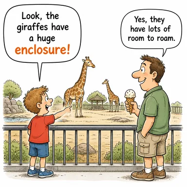 enclosure (çevrili alan; ek (belge), ilişik) karikatürü — diyalogla bağlam içinde öğren