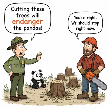 endanger (tehlikeye atmak, riske sokmak) karikatürü — diyalogla bağlam içinde öğren