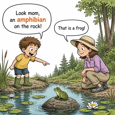 amphibian (iki yaşamlı, amfibi (hem suda hem karada yaşayan canlı)) karikatürü — diyalogla bağlam içinde öğren