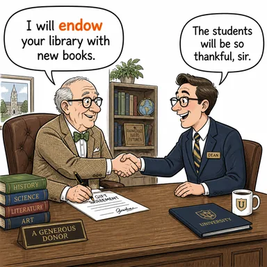 endow (bahşetmek, bağışlamak, (yetki/yetenek) vermek) karikatürü — diyalogla bağlam içinde öğren