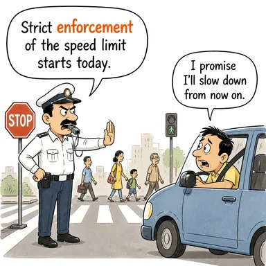 enforcement (yürürlüğe koyma, uygulama, zorlama) karikatürü — diyalogla bağlam içinde öğren