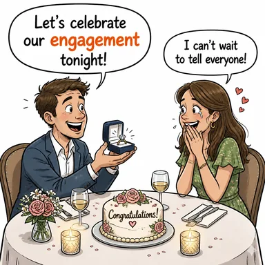 engagement (nişanlılık, katılım, çatışma, randevu) karikatürü — diyalogla bağlam içinde öğren