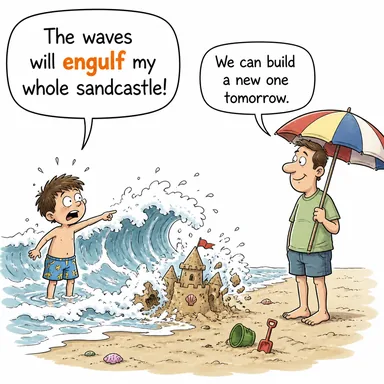 engulf (yutmak, içine çekmek, sarmak (alev, su vb.)) karikatürü — diyalogla bağlam içinde öğren