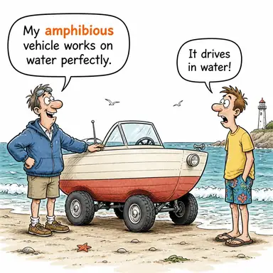 amphibious (hem suda hem karada giden/yaşayan, amfibik) karikatürü — diyalogla bağlam içinde öğren