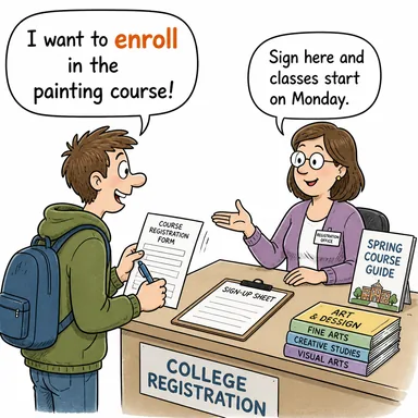 enroll (kaydolmak, yazılmak (okul, kurs, ordu)) karikatürü — diyalogla bağlam içinde öğren