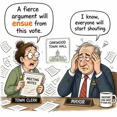 ensue (ardından gelmek, sonucu olarak ortaya çıkmak) karikatürü — diyalogla bağlam içinde öğren