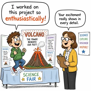 enthusiastically (coşkuyla, hevesli bir şekilde) karikatürü — diyalogla bağlam içinde öğren