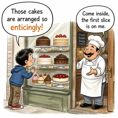enticingly (cezbedici bir şekilde, iştah kabartarak) karikatürü — diyalogla bağlam içinde öğren