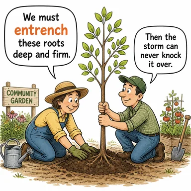 entrench (sağlamlaştırmak, yerleştirmek, kökleşmek) karikatürü — diyalogla bağlam içinde öğren
