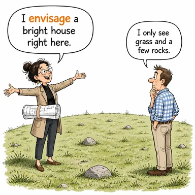 envisage (öngörmek, zihinde canlandırmak, hayal etmek) karikatürü — diyalogla bağlam içinde öğren