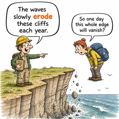 erode (aşınmak, aşındırmak, erozyona uğramak) karikatürü — diyalogla bağlam içinde öğren