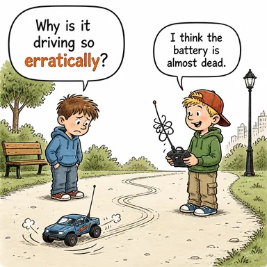 erratically (düzensiz bir şekilde, kararsızca) karikatürü — diyalogla bağlam içinde öğren