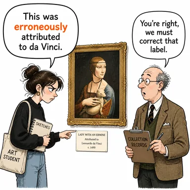 erroneously (hatalı olarak, yanlışlıkla) karikatürü — diyalogla bağlam içinde öğren