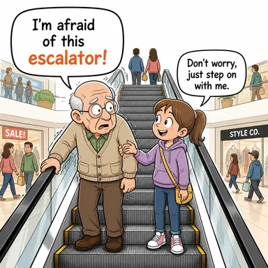 escalator (yürüyen merdiven) karikatürü — diyalogla bağlam içinde öğren