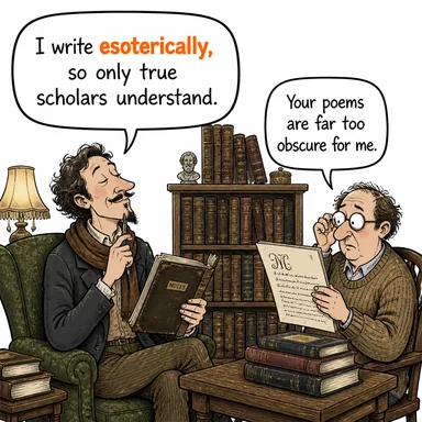 esoterically (gizli/gizemli bir şekilde, sadece erbabının anlayacağı şekilde) karikatürü — diyalogla bağlam içinde öğren