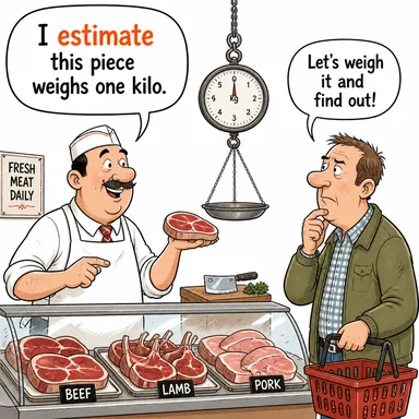 estimate (tahmin etmek, hesaplamak, değer biçmek) karikatürü — diyalogla bağlam içinde öğren