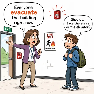 evacuate (tahliye etmek, boşaltmak) karikatürü — diyalogla bağlam içinde öğren