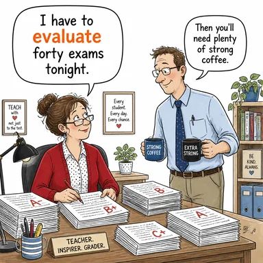 evaluate (değerlendirmek, kıymet biçmek) karikatürü — diyalogla bağlam içinde öğren