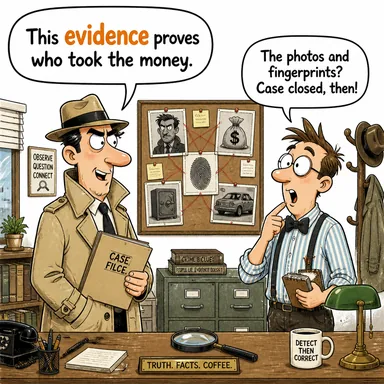 evidence (kanıt, delil, bulgu) karikatürü — diyalogla bağlam içinde öğren