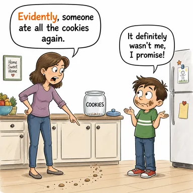 evidently (açıkça, belli ki, anlaşılan o ki) karikatürü — diyalogla bağlam içinde öğren