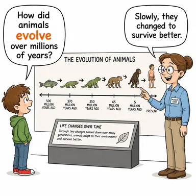 evolve (evrim geçirmek, gelişmek, dönüşmek) karikatürü — diyalogla bağlam içinde öğren