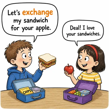 exchange (değiş tokuş etmek, bozdurmak (para), takas) karikatürü — diyalogla bağlam içinde öğren