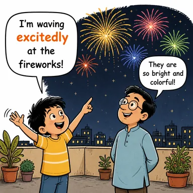 excitedly (heyecanla) karikatürü — diyalogla bağlam içinde öğren