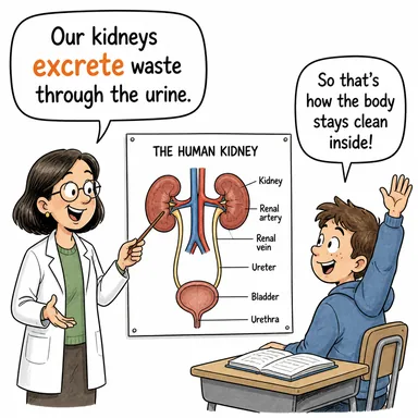 excrete (boşaltım yapmak, (vücuttan) atmak) karikatürü — diyalogla bağlam içinde öğren