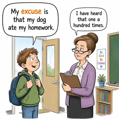 excuse (mazeret, bahane) karikatürü — diyalogla bağlam içinde öğren