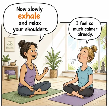 exhale (nefes vermek, (gaz/duman) çıkarmak) karikatürü — diyalogla bağlam içinde öğren