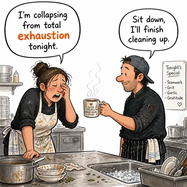 exhaustion (tükenmişlik, aşırı yorgunluk, bitkinlik) karikatürü — diyalogla bağlam içinde öğren