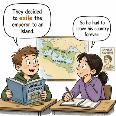 exile (sürgüne göndermek, sürmek) karikatürü — diyalogla bağlam içinde öğren
